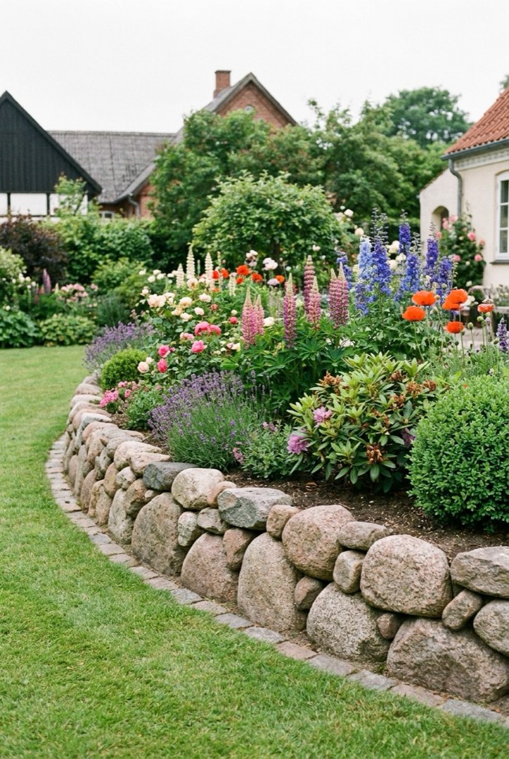 Buet bed med naturlig stenkant af granitsten