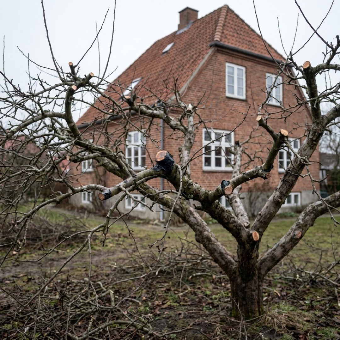 Nybeskåret frugttræ med rene snit