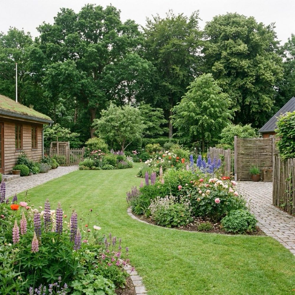 Velplejet dansk villahave i den tidlige sommer