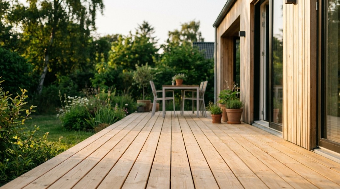 Nybygget træterrasse bag et skandinavisk hus